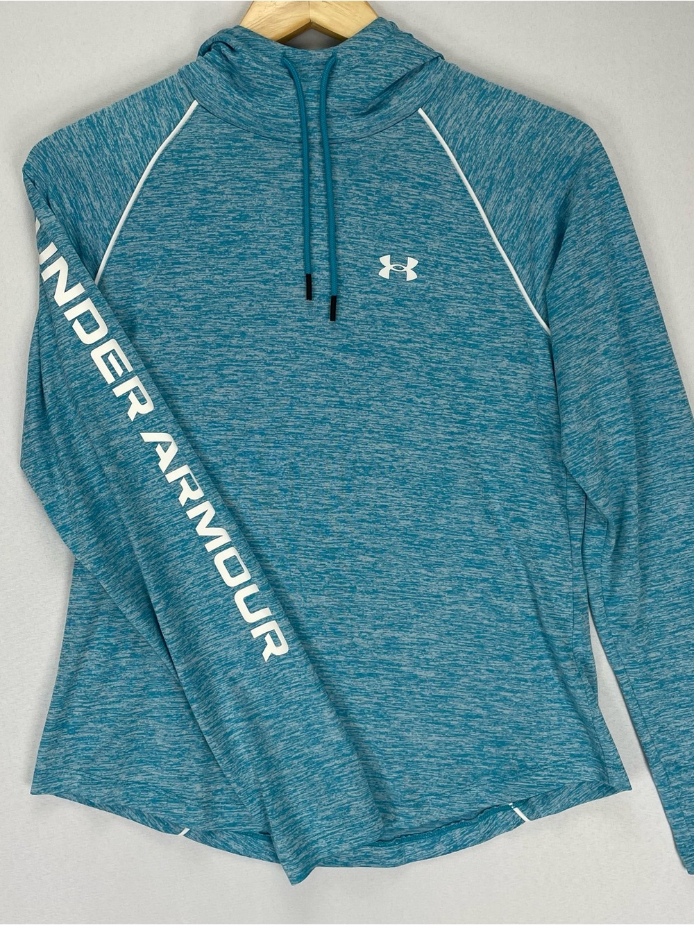 Under Armour Pullover Hoodie Womens Small Teal Blue Velocity Wordmark Spell Out